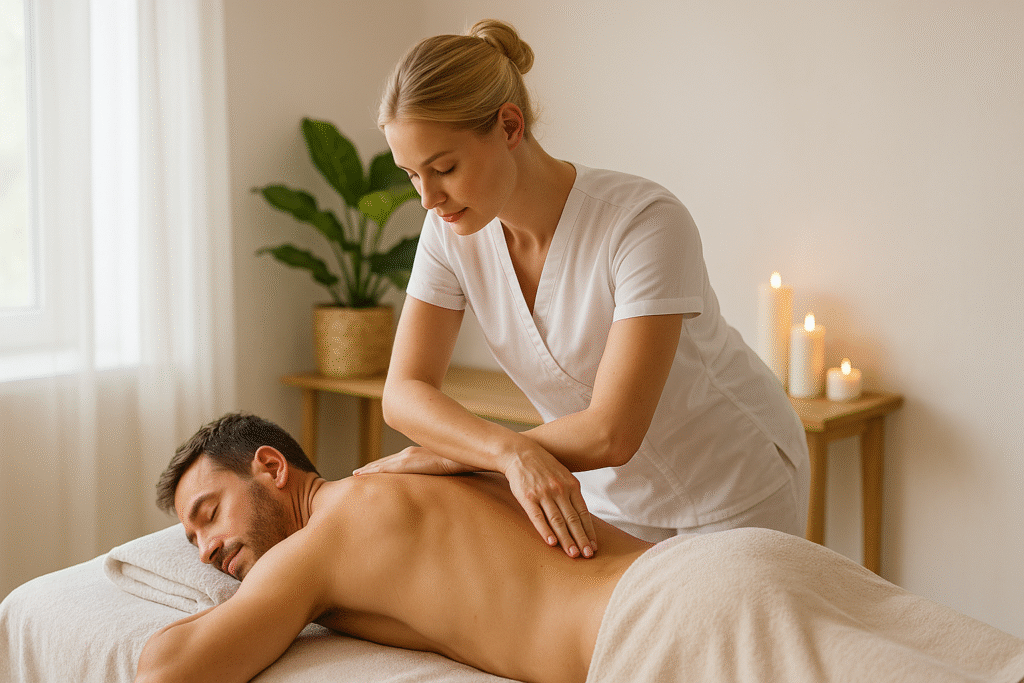 homem recebendo Massagem Masculina em Goiânia por uma massagista profissional no espaço abidos massagem